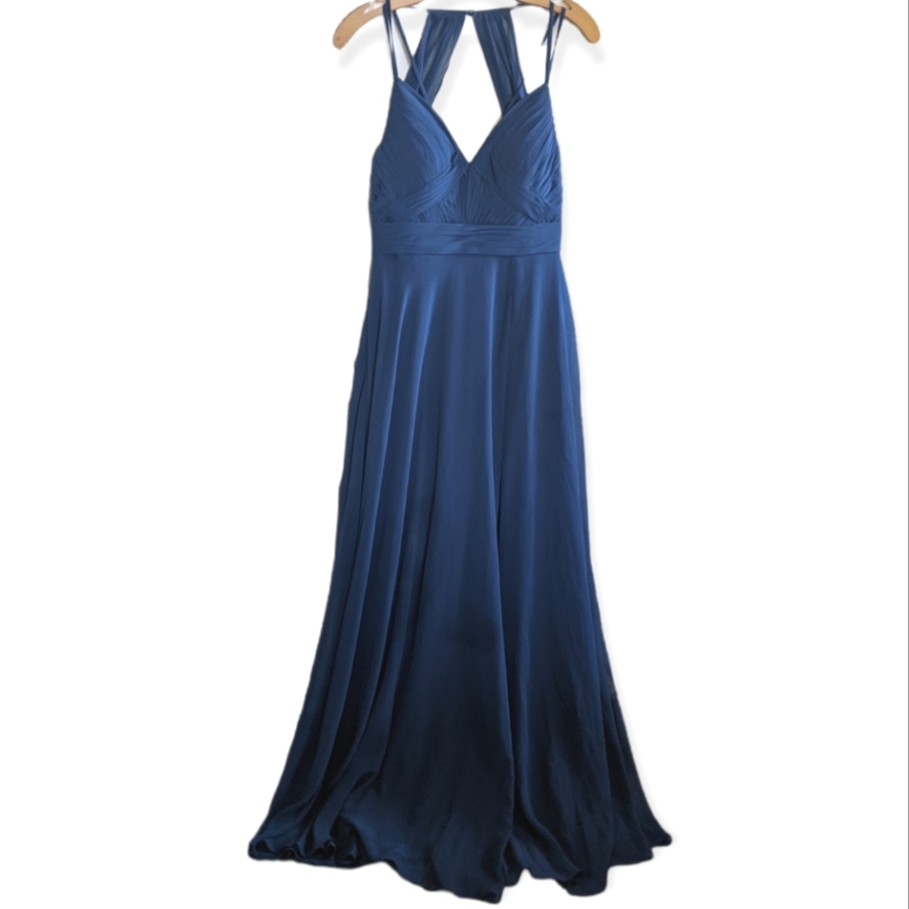 Azazie Chiffon Maxi Bridesmaid Formal Dress Blue Size A6